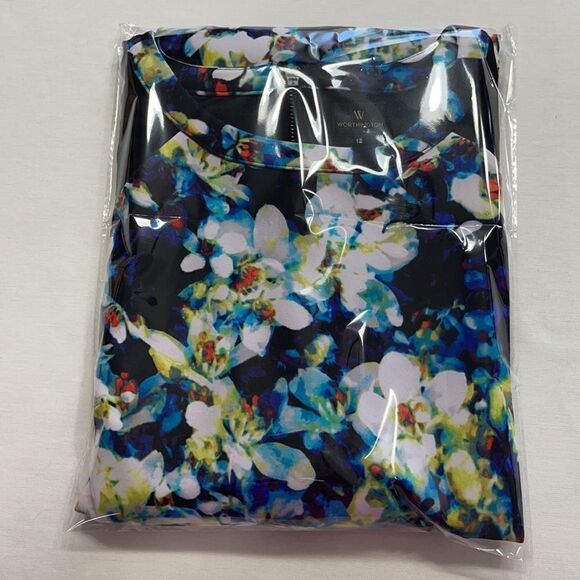 Worthington Abstract Floral Print Mesh Cap Sleeves Sheath Dress Sz 12 - Picture 15 of 15